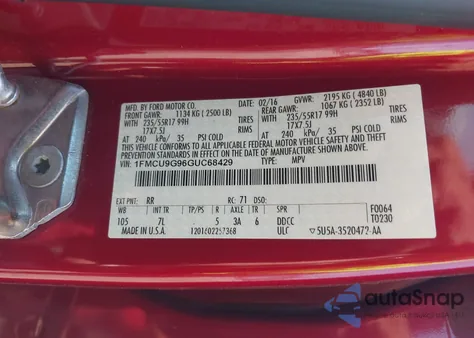 2016 Ford Escape Se z USA, uszkodzony, nr VIN 1FMCU9G96GUC68429